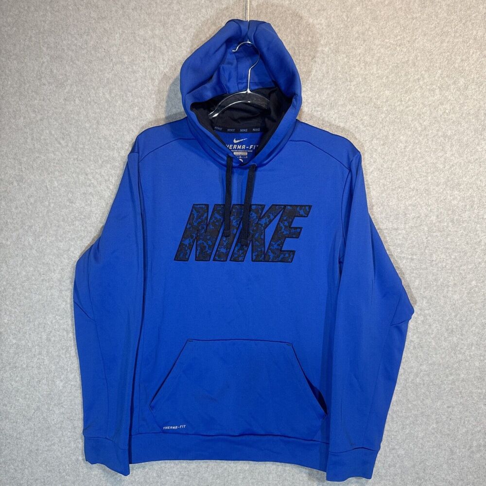 Men's Nike Therma Fit Blue Spellout Hoodie Hooded Sweatshirt Medium